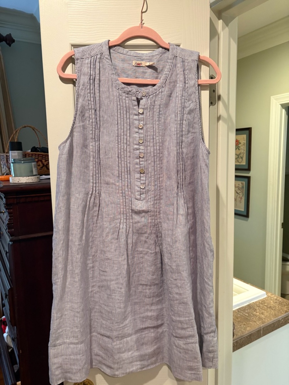 Faherty Light Blue Striped Sleeveless Linen Tunic Dress